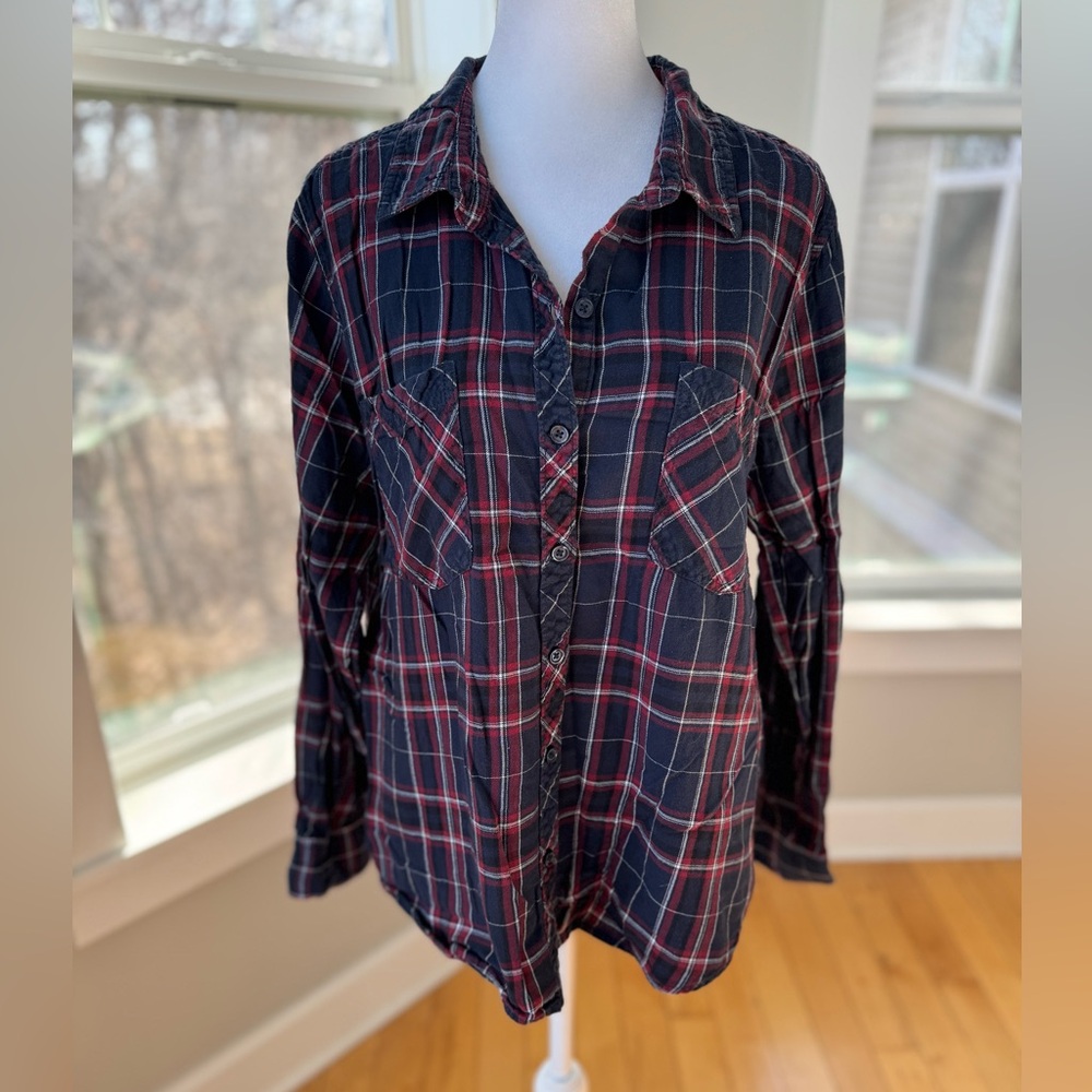 Confess Navy Blue Red Plaid Flannel Button Down Long Sleeve Shirt Size XL